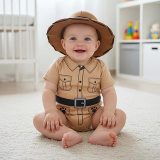 Kit body bebê safari + chapeu, roupa infantil menino 100% algodão