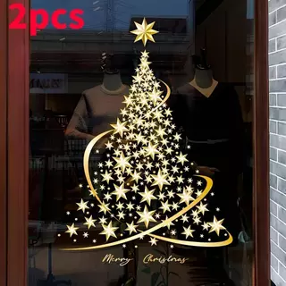 2 Pacote DIY Estático Dourado Árvore De Natal Janela Adere Adesivos Para Vidro Parede Porta Mural Vitrine Decalque Adesi