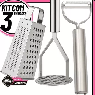 Kit 3 Utensílios de Cozinha Inox – Amassador de Batata + Descascador de Legumes + Ralador Multiuso