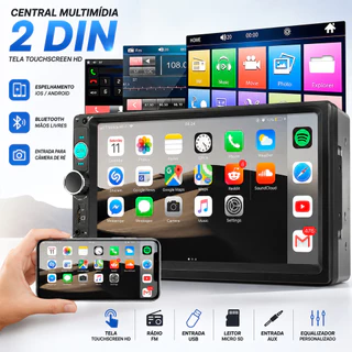 Kit Central Multimídia MP5 Player 2DIN 7" Bluetooth Rádio FM USB TF AUX