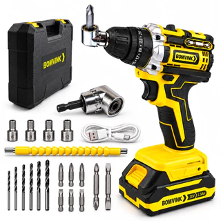 Kit Parafusadeira Furadeira Bomvink 21V 1,3Ah com Adaptador Angular 90°, Maleta, Brocas e Acessórios