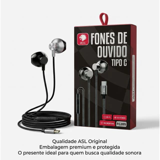 Fone de Ouvido ASL Entrada Type-C Microfone Embutido Som Estéreo Compativel com Samsung, Xiao Mi, Motorola e iPhone