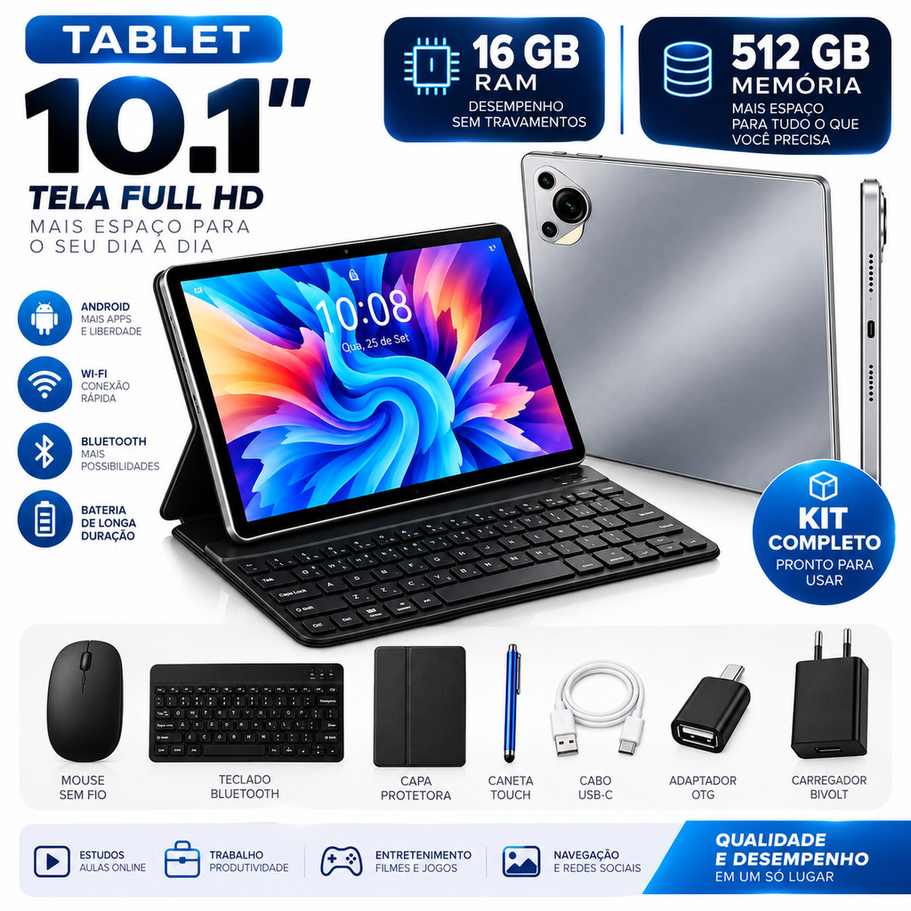 Tablet 16GB RAM 512GB Memória + Teclado Mouse Caneta Capa Kit Completo Alta Performance