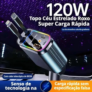 Carregador Veicular 120W Turbo 4 Em 1 Com 2 Cabos Retrátil Para Iphone E Android e Luz LED