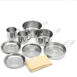 Kit 8 Panelas Aço Inox Compactas para Camping Trekking Panelas Pescaria Completo Portátil