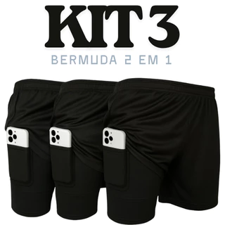 Kit 3 Bermudas Masculinas 2 em 1 – Poliamida Premium com Secagem Rápida e Forro Confortável