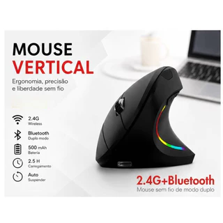 Mouse Vertical Ergonômico Sem Fio Led Design Confortável Cliques Silenciosos
