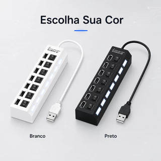 KIT 2 Hub USB 2.0 com 7 Portas, Interruptores Individuais e LED – Expansor Plug & Play para Notebook e PC
