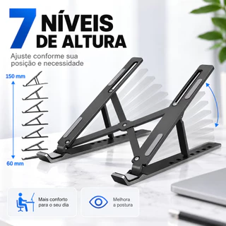 Suporte Para Notebook Alumínio Dobrável 7 Níveis Ajustável Antiderrapante
