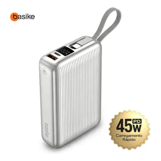 Basike Power Bank 20000mAh 45W, Cabo USB-C Integrado, Compacto, Cinza