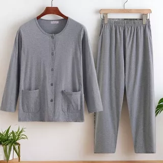 Pijama de algodão puro para idosos de meia-idade Calças de pijama Cardigan masculino de manga comprida estilo fino Loung em Oferta na Shopee