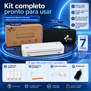 ZATEL Impressora Térmica A4 Bobina Bluetooth Portátil Printer App Celular Recarregavel Usb