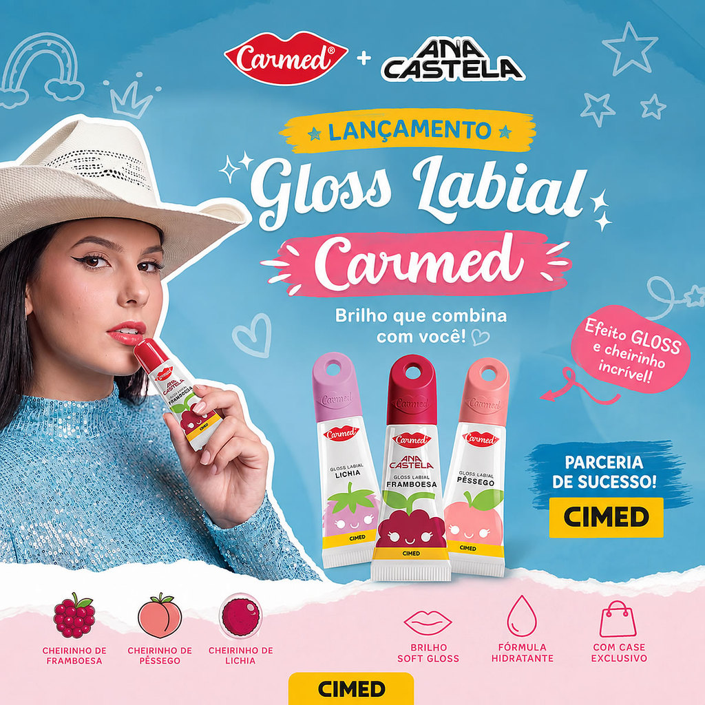 Gloss Labial Carmed Ana Castela Framboesa, Pêssego e Lichia 5g
