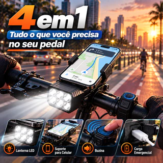 Lanterna Bike 4 em 1 Impermeável Suporte Celular Buzina Power Bank Para Pedalada Diária e Noturna