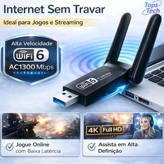 Adaptador USB Wifi 6 1300Mbps Dual Band 2.4/5GHz Bluetooth 5.4 Antena Potente P/ Computador-TOPS