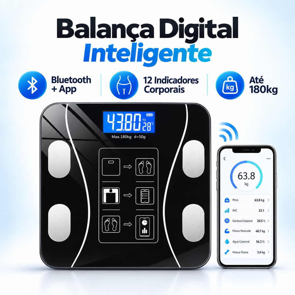 Balança Digital Corporal Bluetooth com App Até 180kg em Vidro Temperado ...