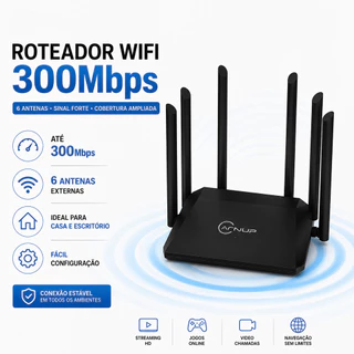 Roteador WiFi KNUP 300Mbps 6 Antenas Bivolt 2.4GHz Casa Escritório