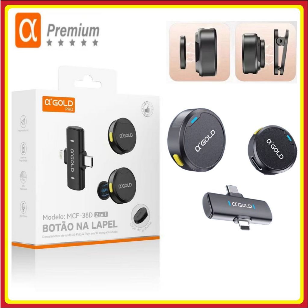 Microfone de lapela duplo redondo magnético A’Gold 2 em 1 iphone tipo c ...