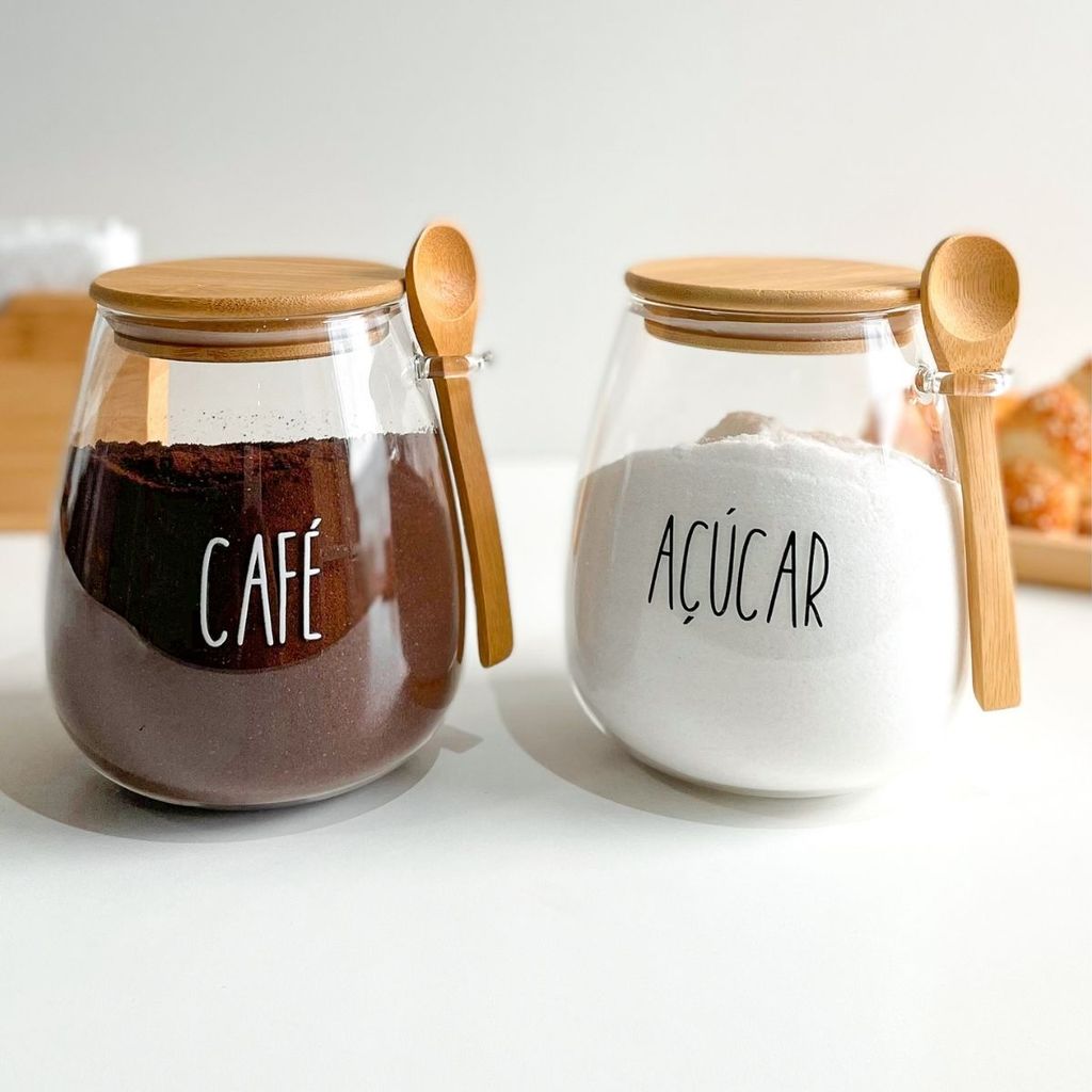 Kit 2 Potes herméticos de vidro Café e Açúcar c/ tampa e colher de ...