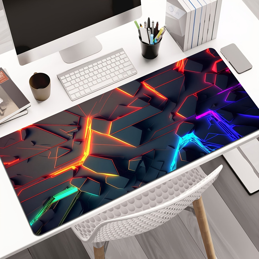 Mouse Pad Geométrico Neon RGB Para Jogos, Borda Costurada, Borracha Antiderrapante, À Prova D'água, Grande Tapete De
