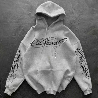 Casaco Moletom Blessed Cruz Flanelado Ajustável Y2K Unissex Bolso Capuz Grunge Lettering