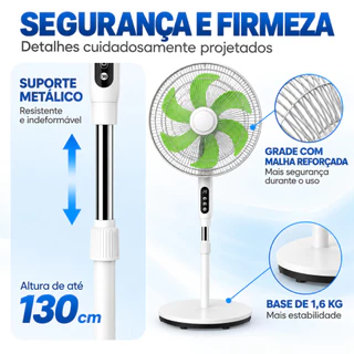 Ventilador de Coluna 65W 6 Pás com Controle Remoto Painel Digital 3 Velocidades Altura Ajustável 130cm Timer 9H 127V