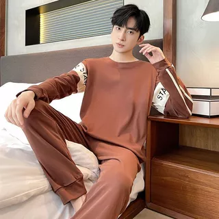 100% algodão dupla face pijamas masculinos primavera outono estilo manga comprida puro algodão juventude tamanho grande em Oferta na Shopee