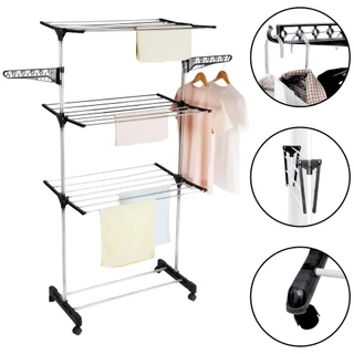 Varal De Chão 3 Andares Preto Multiuso Grande Roupas Calcinha Vertical Dobrável Retrátil Aço 4 Rodas