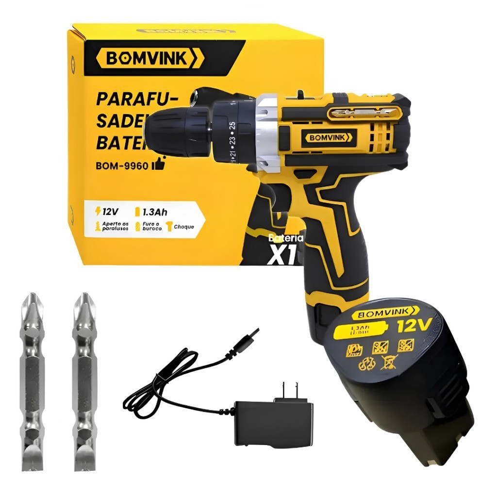 Parafusadeira Furadeira Sem Fio 12V Bateria Impacto Portatil para Montar Moveis com LED BOM-9960