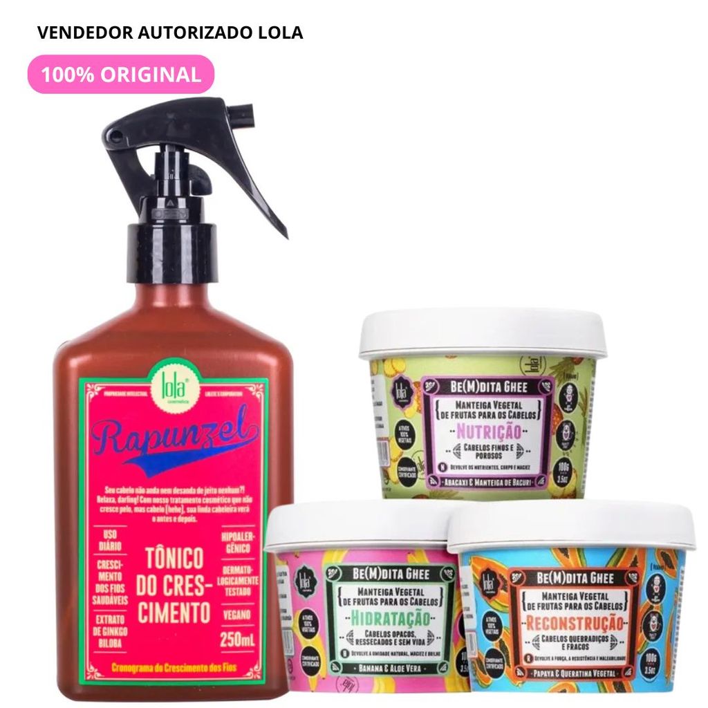 Kit Tônico Rapunzel + 3 Máscaras Bemdita Ghee 100g Lola Cosmetics