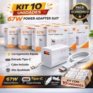 Kit com 10 carregadores rápidos USB-C de 67W, ideal para revenda