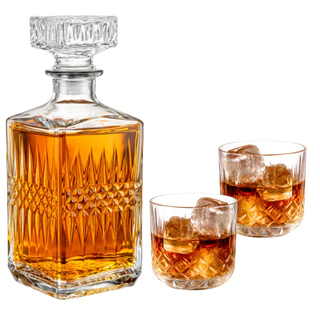 Kit Garrafa de Whisky Decanter Licor 1L 2 Copos de Vidro Baixo Relevo Luxo 280mL