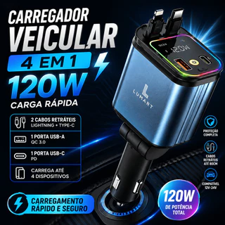 Carregador Veicular Retrátil 4 em 1 120W com LED | Carregamento Rápido para iPhone e Android