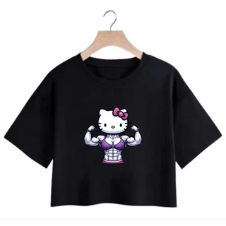 Cropped Feminino Academia Hello Kitty Maromba Manga Curta Algodão Confortável