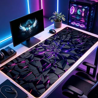 Tapete De Mesa De Jogos Estendido Geométrico Rachado Neon Roxo, Mouse Pad Grande Costurado E Antiderrapante Para Config