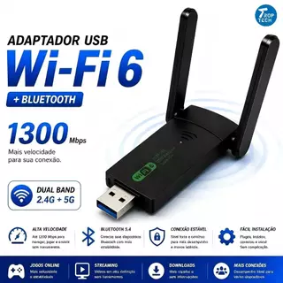 Adaptador USB Wi-Fi 6 Dual Band 2.4GHz+5GHz Até 1300Mbps Homologado para Notebook e Desktop-Trop