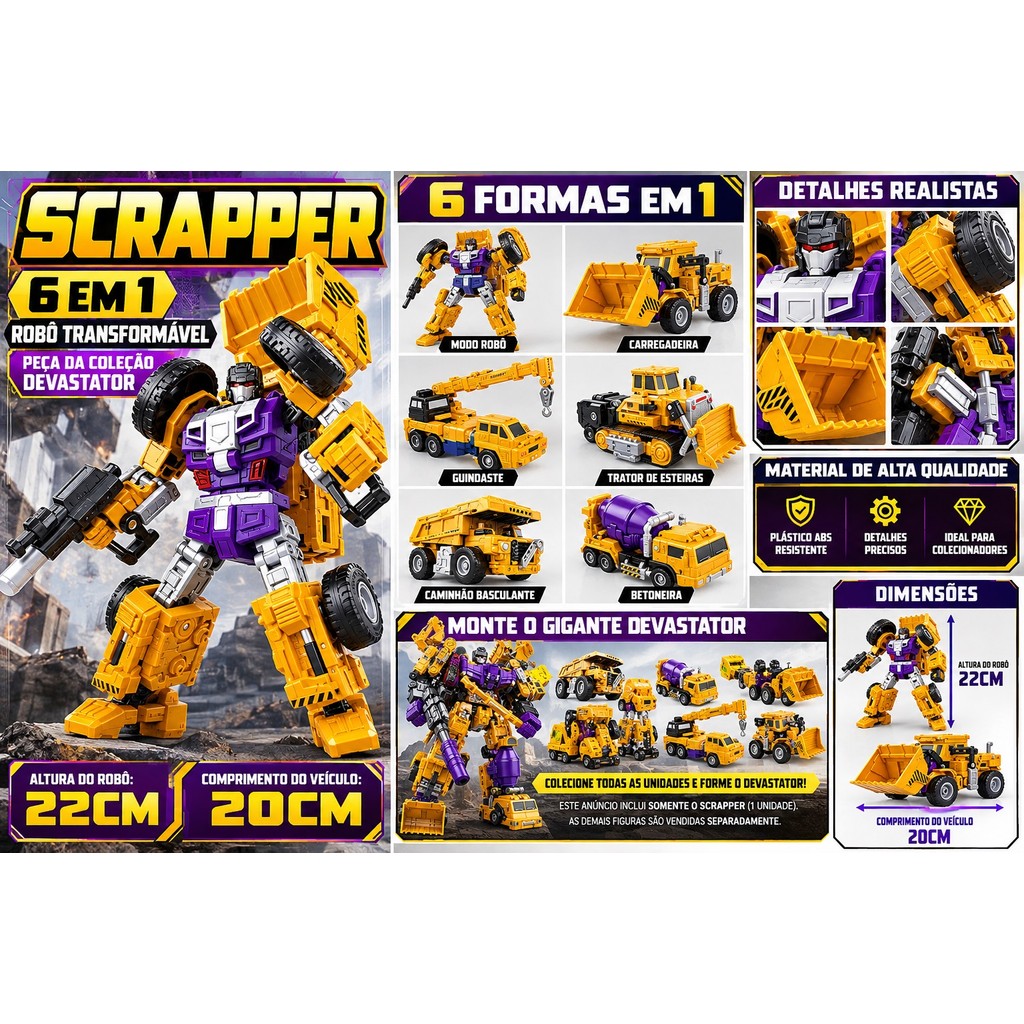 Figura de Ação Robô scrapper Transformável 20cm Escavadeira davastador edição especial laranjaparte 1 - Scrapper