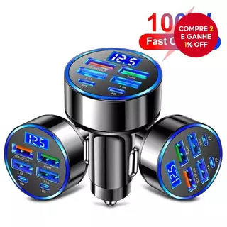 Carregador de carro com 6 portas, carregamento rápido PD QC3.0, adaptador USB C, compatível com iPhone.