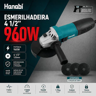【Hanabi】Esmerilhadeira Angular Hanabi 960W 125mm Profissional 3 Discos Lixadeira Corte Polimento 110V/220V LB125MM-5007