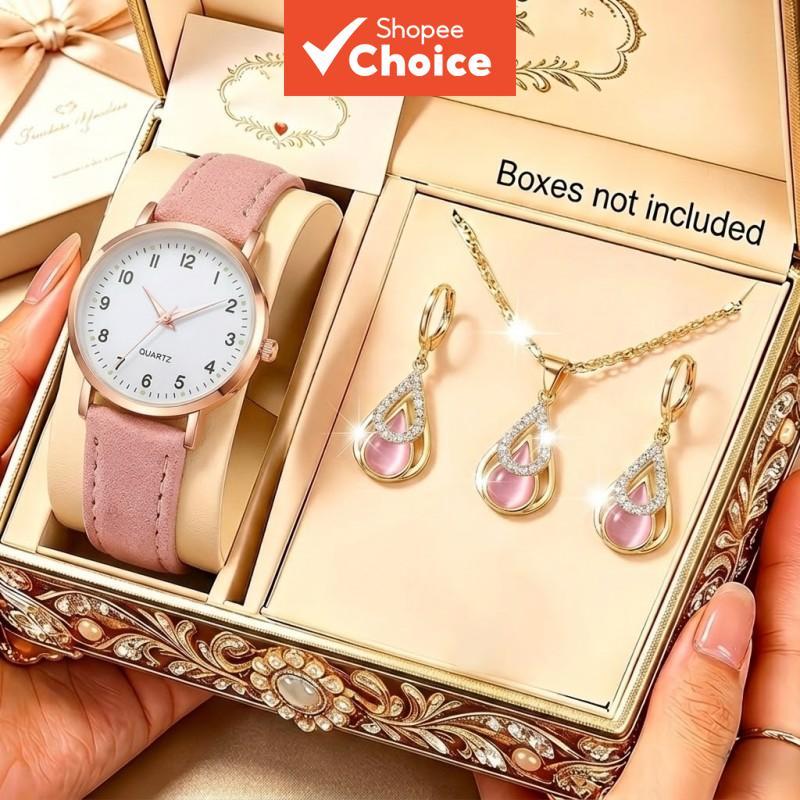 Conjunto De Relógio Feminino De Quartzo De Couro Rosa Relo Com Colar De ...