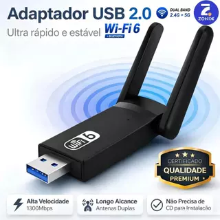 Adaptador USB Wi-Fi 6 Dual Band 2.4GHz+5GHz Até 1300Mbps Alta Velocidade para Notebook e Desktop-Zonix