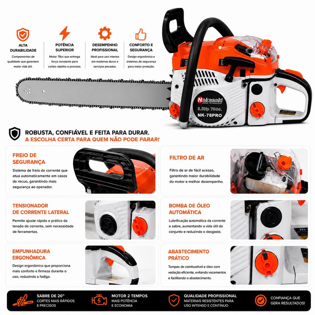 MOTOSSERRA A GASOLINA 78CC KNAKASAKI PROFISSIONAL PARA MADEIRA