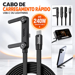 Cabo Carregador Turbo Tipo C 240W ou Lightning Com Suporte Dobrável Carga e Transferência de Dados
