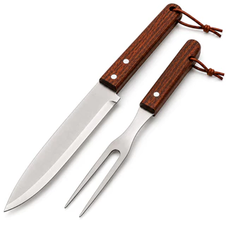 Kit Churrasco Faca 38cm e Garfo Trinchante 34cm Aço Inox Cabo de Madeira para Corte de Carne e Churrasqueira
