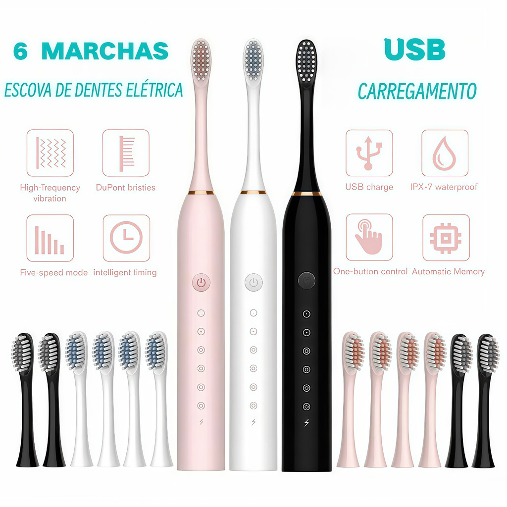 Escova De Dentes Elétrica IPX7 Com Cabeça Substituivel inteligente Ultrassônico À Prova D'água