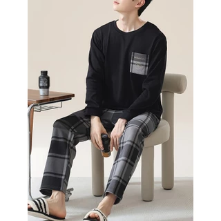 Conjunto de pijamas casuais masculinos de manga comprida com gola redonda e padrões geométricos - temporada outono inver em Oferta na Shopee
