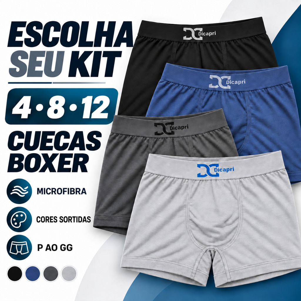 Kit com 4, 8 ou 12 Cuecas Boxer Masculinas Microfibra Cores Sortidas P ao GG