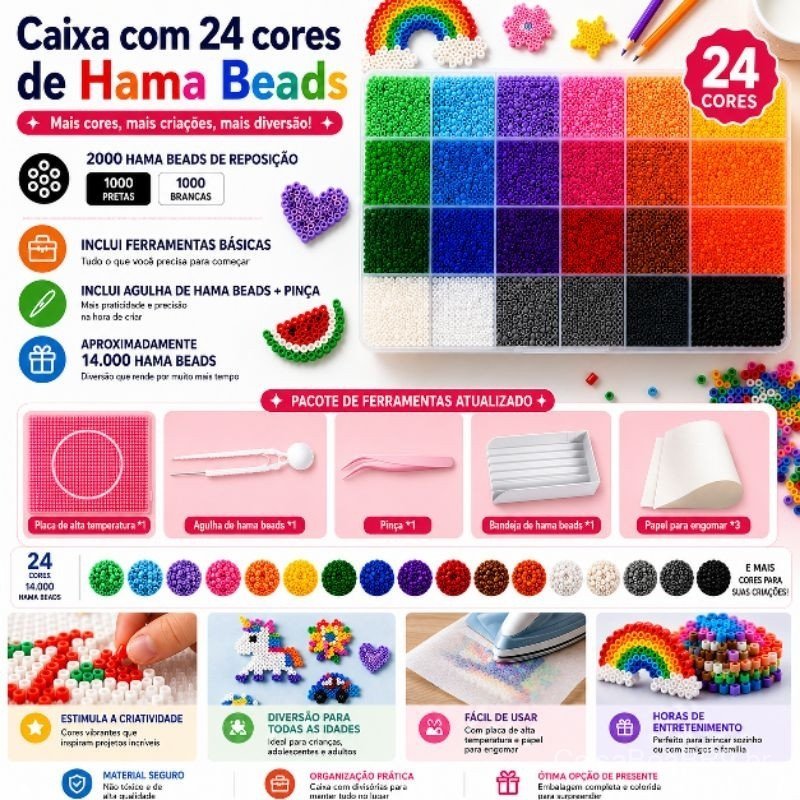 Kit Hama Beads Perler 24 cores 2.6mm Com 14000pcs DIY Presente Com ...