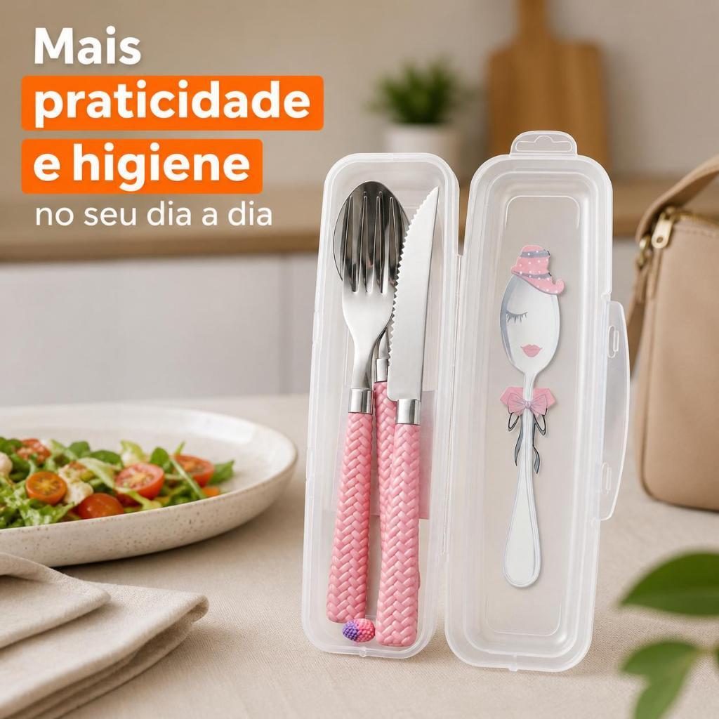 Kit Talher Portátil Com Estojo Higiênico Garfo Faca Colher Inox Para Marmita Trabalho Escola Viagem