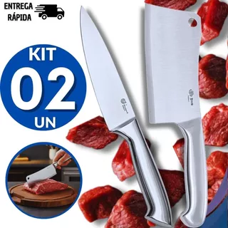 Jogo 2 Facas Cutelo 6" + Peixeira 7" Profissionais Cabo e Lâmina em Aço Inox Cozinha Churrasco Açougue Carnes Peixaria